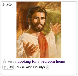 Jesus smiles and raises his hands while adorning an advertisement from someone looking for a house to rent.