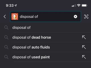 Auto-completed search suggestions for the query “disposal of”. The first suggestion by the search engine is “disposal of dead horse”.