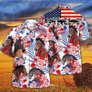 Front and back views of a Hawaiian shirt covered in horses, American flags, and tropical flowers, superimposed on a scene of a farm field at sunset.